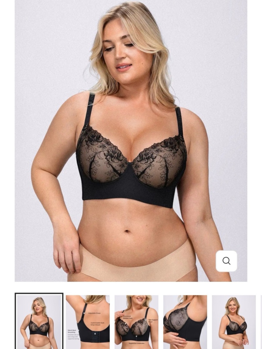 Sheer Floral Lace Longline Bra in Black - Women’s Support